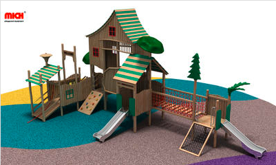 What material is used in the outdoor wooden playhouse with slides？