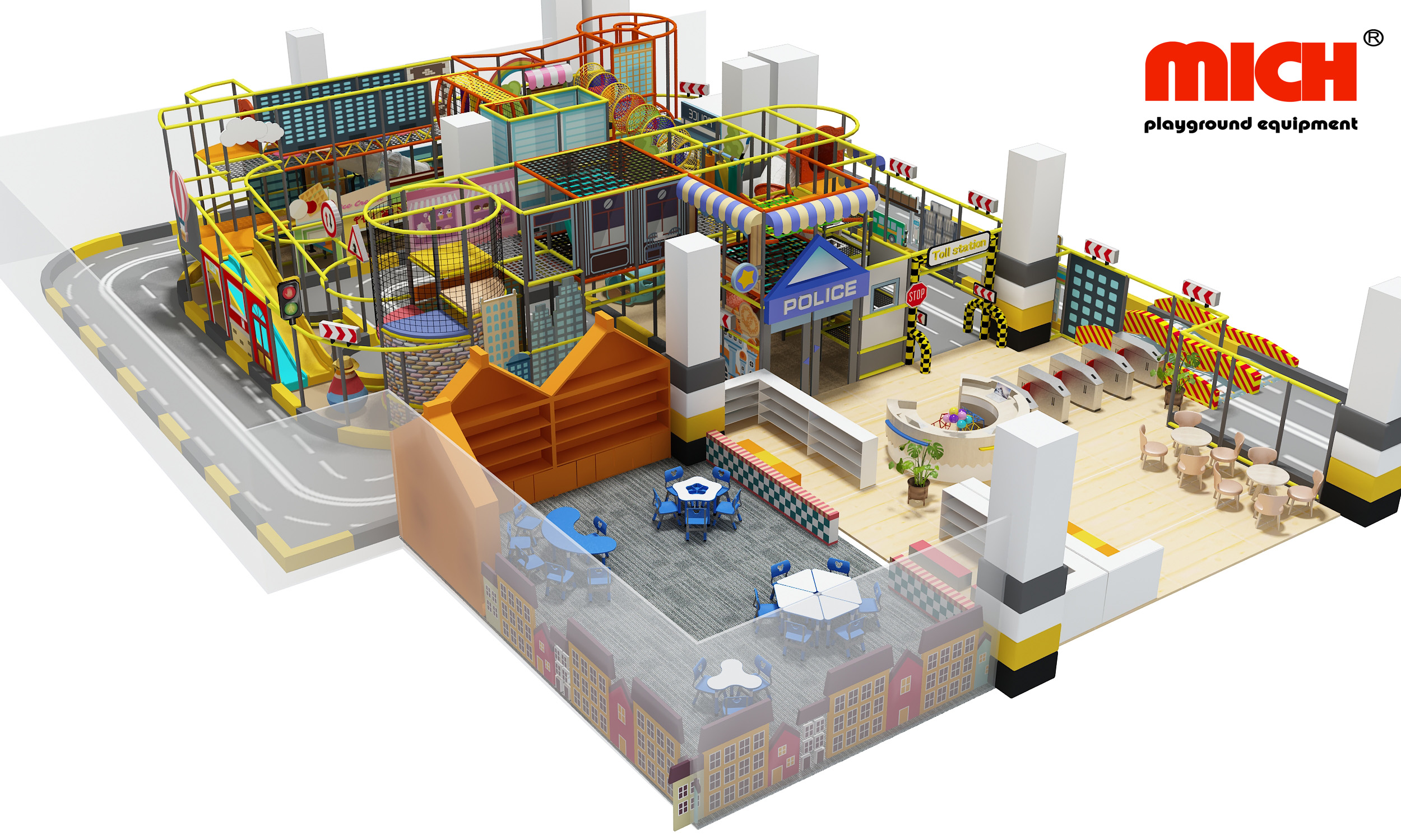 Custom indoor playground design process and 3D rendering